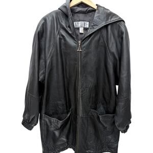 NY Line Genuine Leather Hooded Jacket Men's M Black Zip-Up